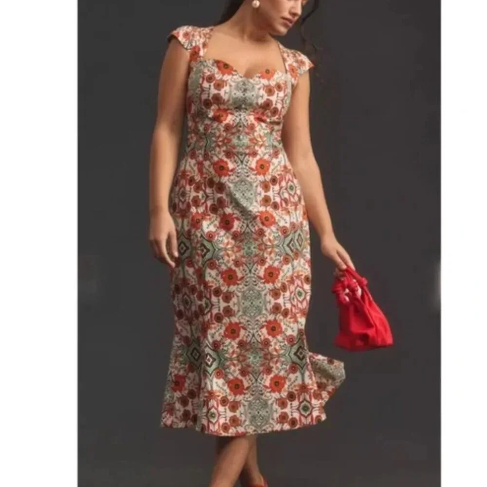 Anthropologie Cecily Fit &‎ Flare Sweetheart Midi Dress XL Petite Orange Motif